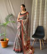 Green Cotton Blend Woven Kalamkari Style Work &  Rich Pallu Saree With Blouse