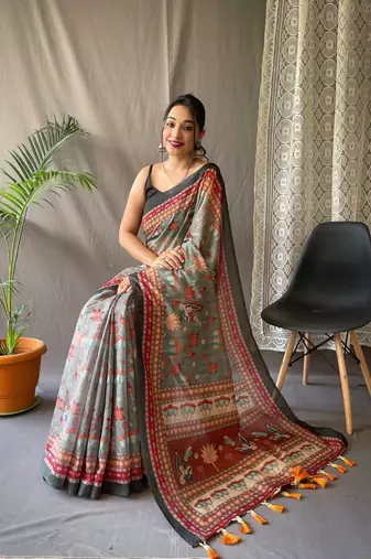 Green Cotton Blend Woven Kalamkari Style Work &  Rich Pallu Saree With Blouse