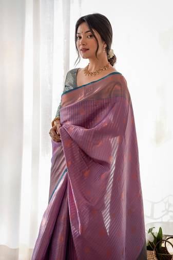 Lavender Zari Work Soft Kubera Pattu Silk Womens Saree With Blouse