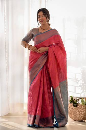 Red Zari Work Soft Kubera Pattu Silk Womens Saree With Blouse