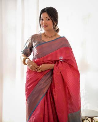 Red Zari Work Soft Kubera Pattu Silk Womens Saree With Blouse 2