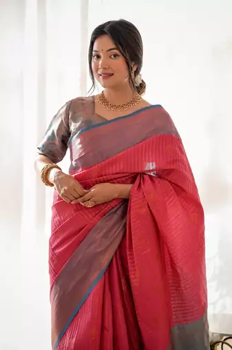 Red Zari Work Soft Kubera Pattu Silk Womens Saree With Blouse