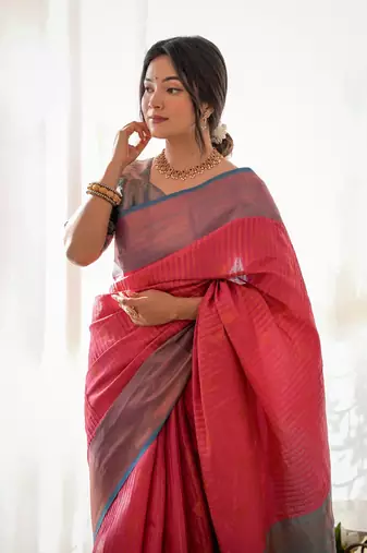 Red Zari Work Soft Kubera Pattu Silk Womens Saree With Blouse