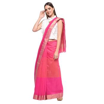 Pink Handwoven Cotton Silk Chanderi Saree with Blouse pc 1