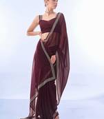 Wine Colour  Swaroski Work Shimmer Georgette Fabric Saree With Blouse
