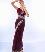Wine Colour  Thred And Sequin Work Shimmer Georgette Fabric Saree With Blouse