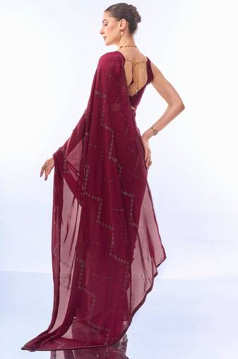 Wine Colour  Swaroski Work Satin Chiffon Fabric Saree With Blouse
