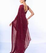 Wine Colour  Swaroski Work Satin Chiffon Fabric Saree With Blouse