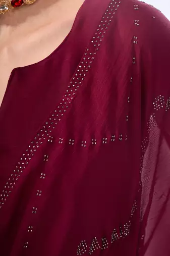 Wine Colour  Swaroski Work Satin Chiffon Fabric Saree With Blouse