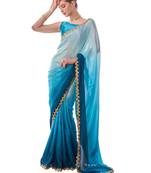 Blue Ombre Leaf Pattern Sequin Border Chinon Fabric Saree With Blouse