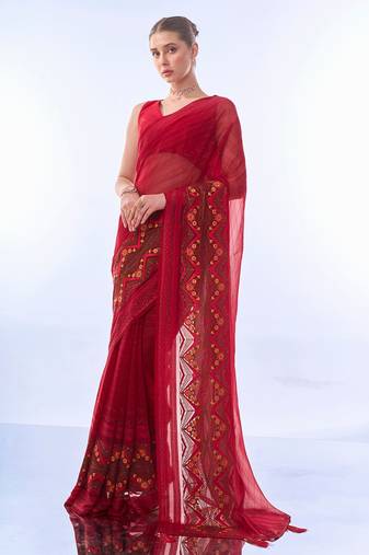Pink Colour Resham Work Shimmer Georgette Fabric Designer Saree With Blouse