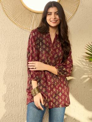 maroon abstract printed regular tunic 1