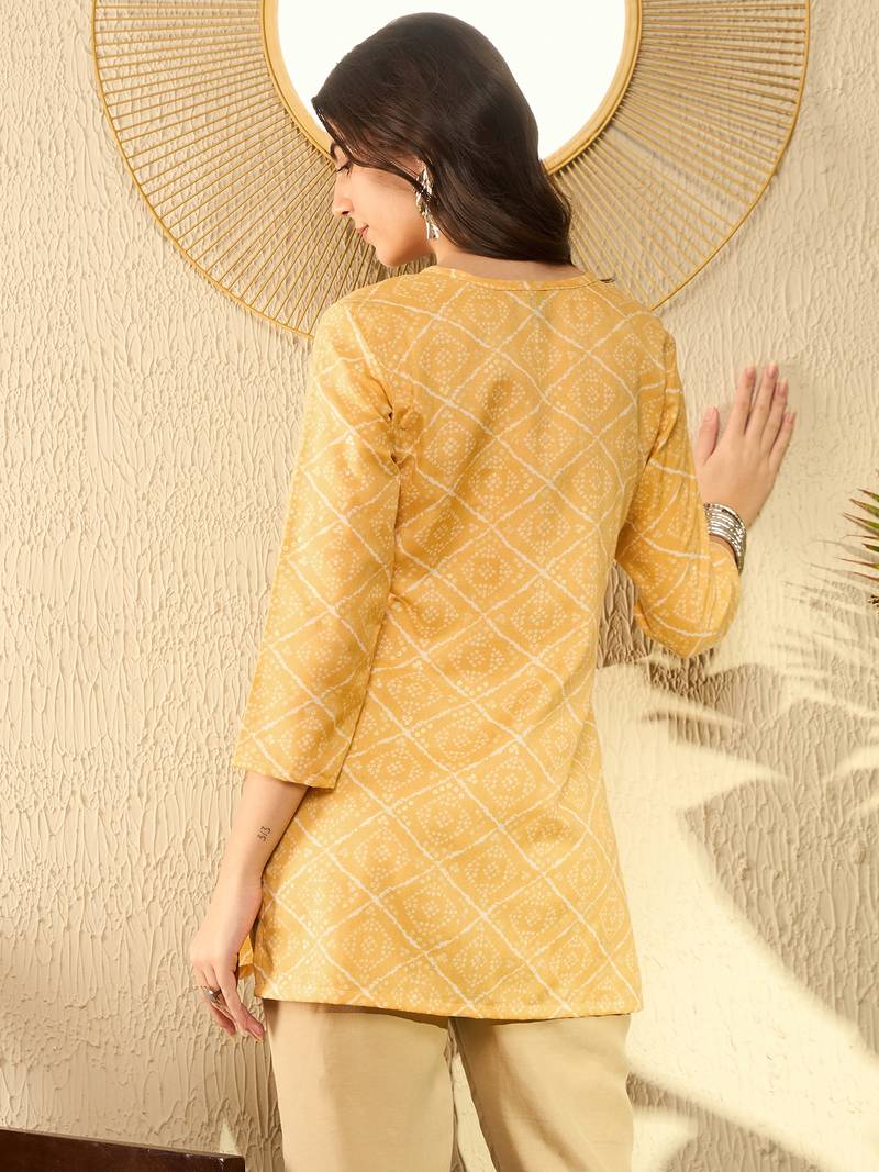 women yellow cotton blend bandhani printed regular tunic