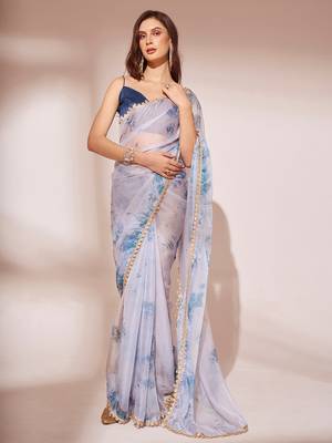 Blue Ombre Organza Fabric Designer Saree With Blouse 1