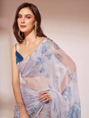 Blue Ombre Organza Fabric Designer Saree With Blouse 4