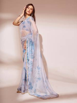 Blue Ombre Organza Fabric Designer Saree With Blouse 5
