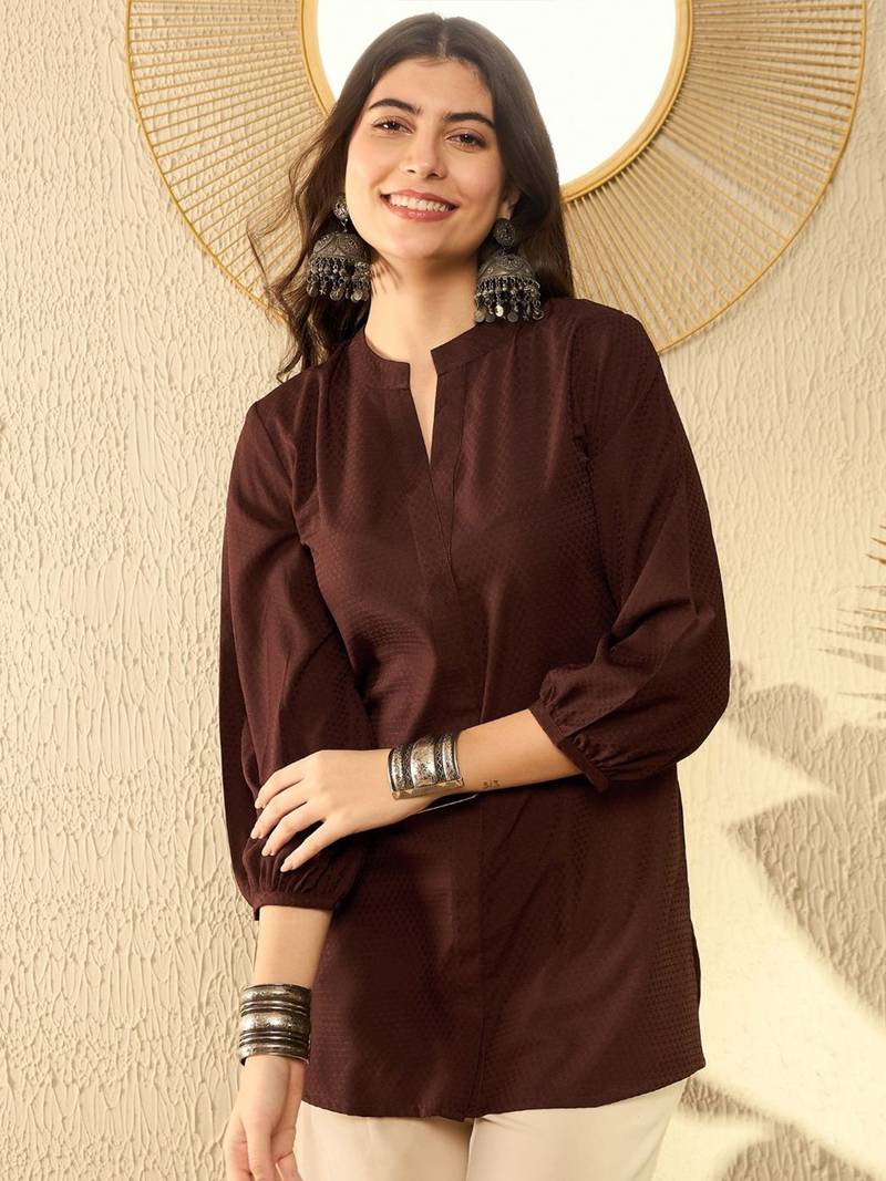 women brown polyester solid solid regular tunic