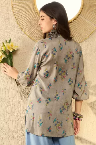 women grey poly rayon floral printed regular tunic