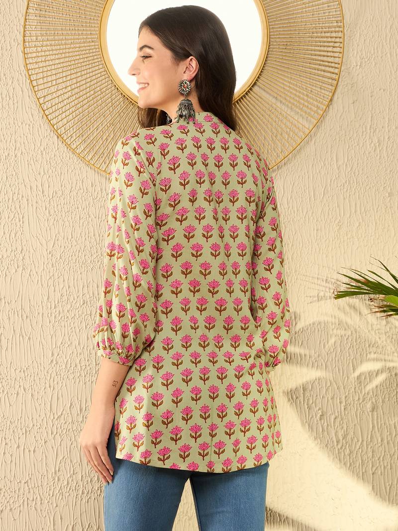 women green viscose rayon floral printed regular tunic