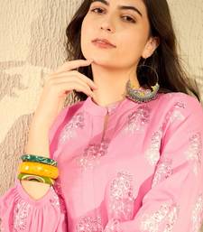 women pink cotton blend floral printed regular tunic