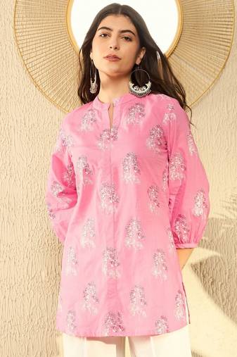 women pink cotton blend floral printed regular tunic