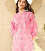 women pink cotton blend floral printed regular tunic
