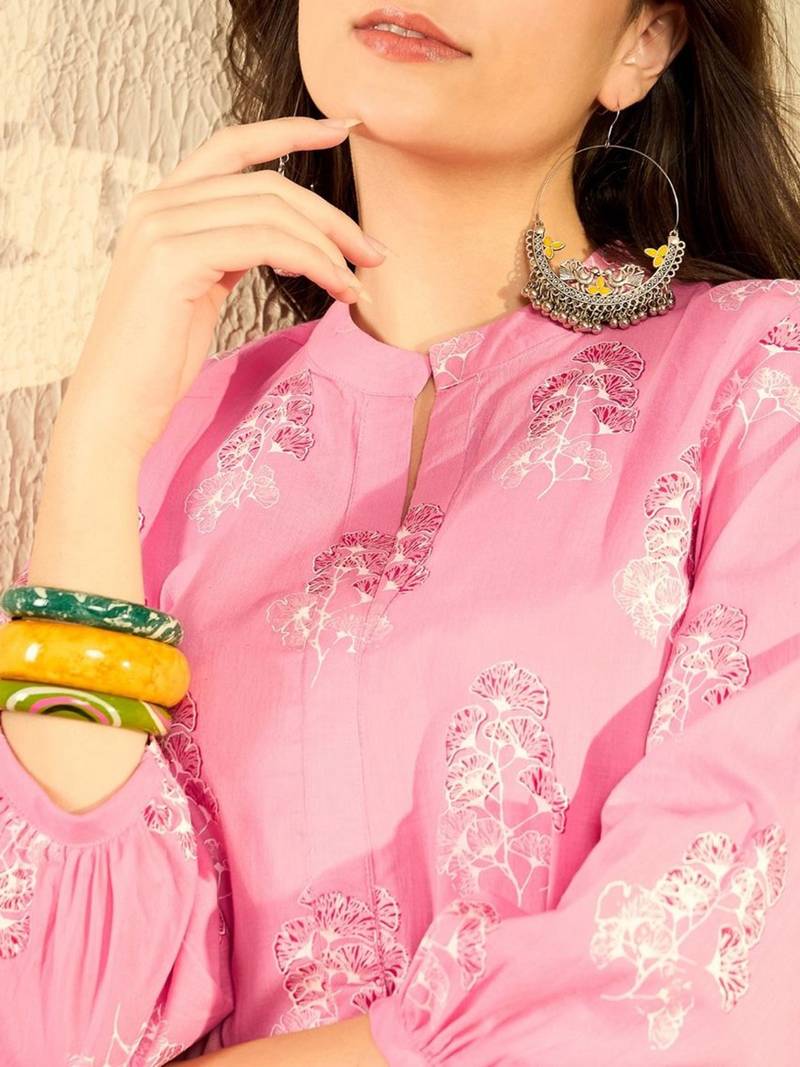 women pink cotton blend floral printed regular tunic