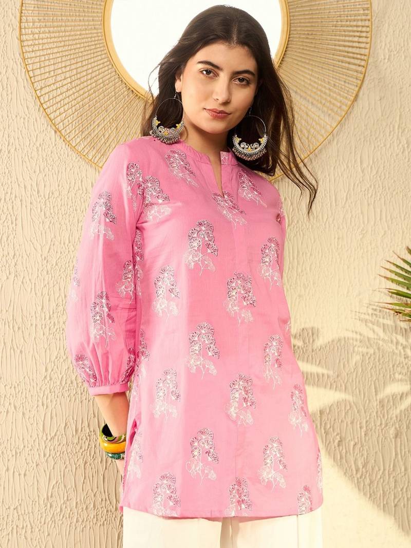 women pink cotton blend floral printed regular tunic