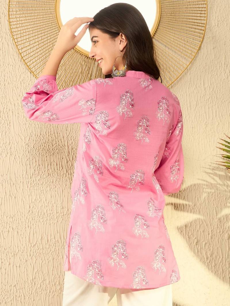 women pink cotton blend floral printed regular tunic