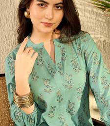 women sea green cotton blend floral printed regular tunic