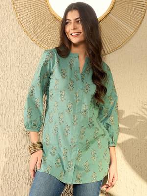 women sea green cotton blend floral printed regular tunic 3