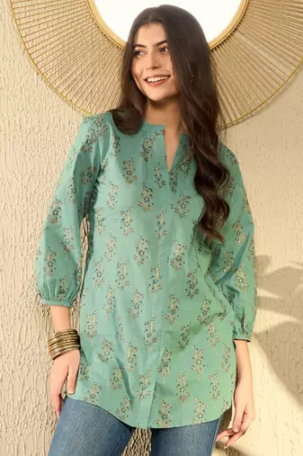 women sea green cotton blend floral printed regular tunic