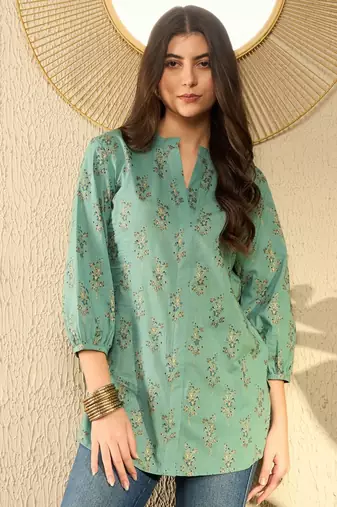 women sea green cotton blend floral printed regular tunic