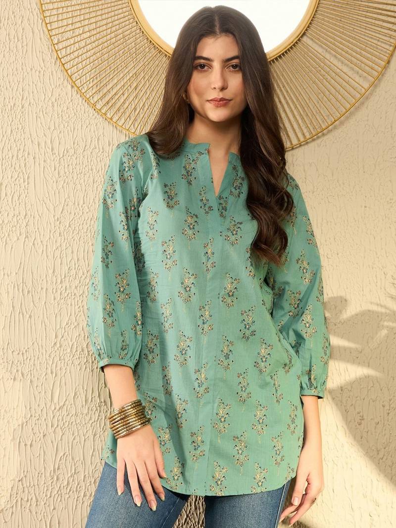 women sea green cotton blend floral printed regular tunic