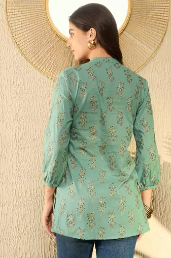 women sea green cotton blend floral printed regular tunic