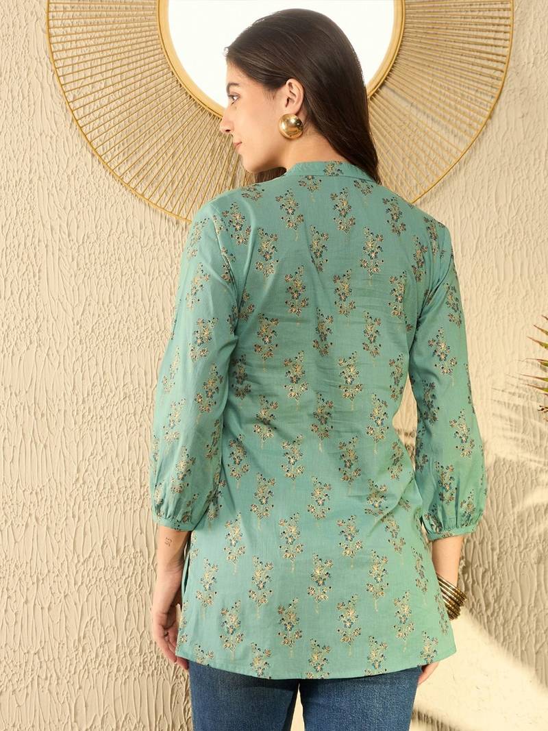 women sea green cotton blend floral printed regular tunic