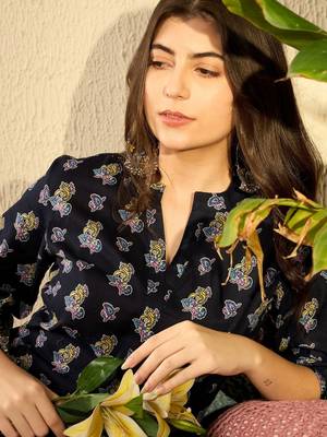 Ahika women navy blue cotton blend ethnic motifs printed regular tunic 1