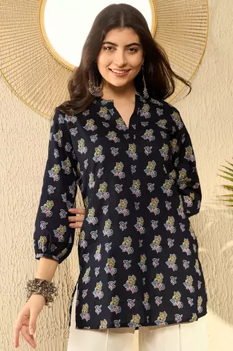 Ahika women navy blue cotton blend ethnic motifs printed regular tunic