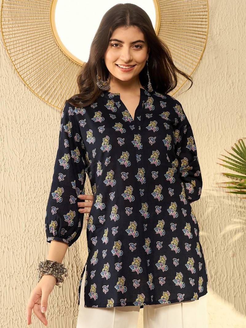 Ahika women navy blue cotton blend ethnic motifs printed regular tunic