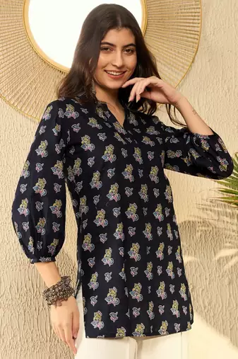 Ahika women navy blue cotton blend ethnic motifs printed regular tunic