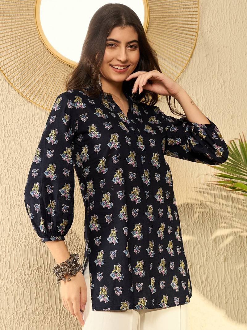 Ahika women navy blue cotton blend ethnic motifs printed regular tunic