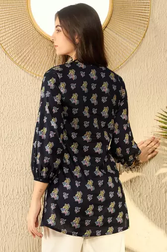 Ahika women navy blue cotton blend ethnic motifs printed regular tunic