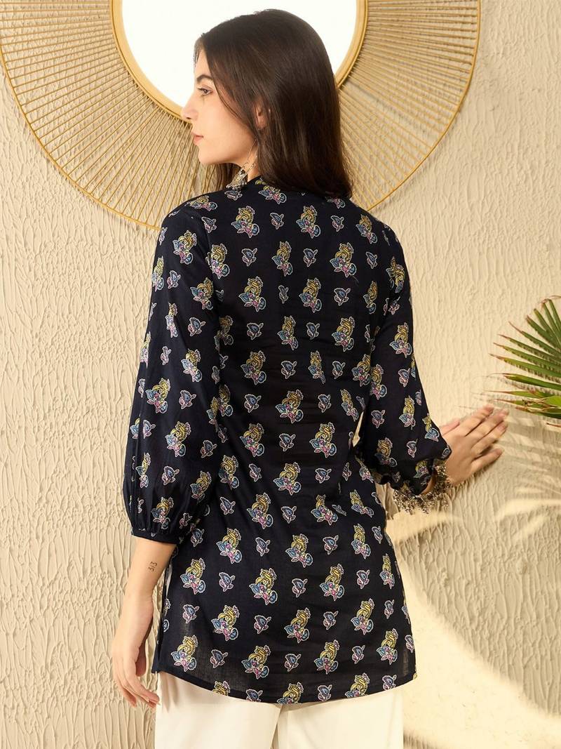 Ahika women navy blue cotton blend ethnic motifs printed regular tunic