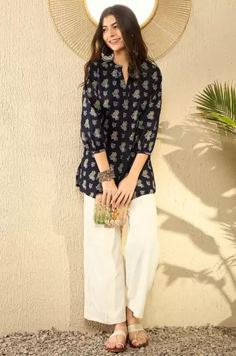 Ahika women navy blue cotton blend ethnic motifs printed regular tunic