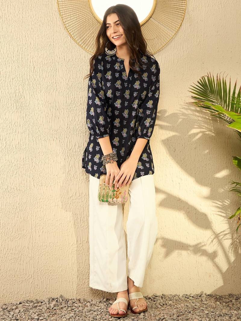 Ahika women navy blue cotton blend ethnic motifs printed regular tunic