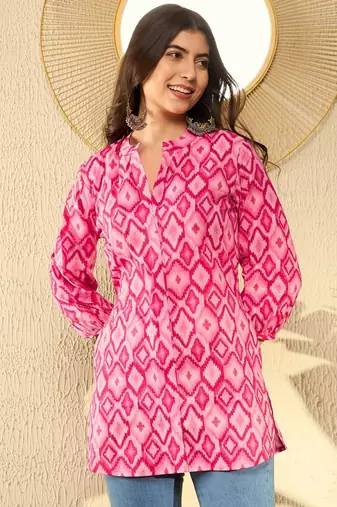 women pink cotton blend ikat printed regular tunic