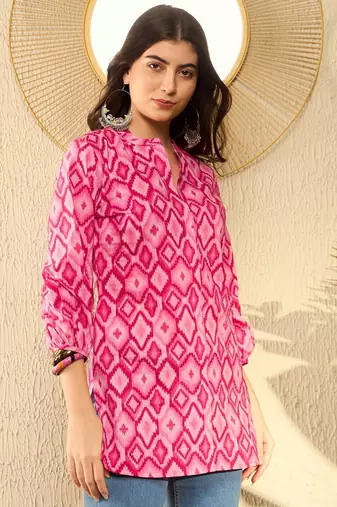 women pink cotton blend ikat printed regular tunic