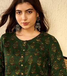 women green cotton blend ethnic motifs printed regular tunic
