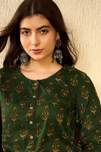 women green cotton blend ethnic motifs printed regular tunic