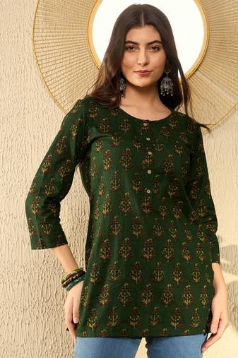 women green cotton blend ethnic motifs printed regular tunic